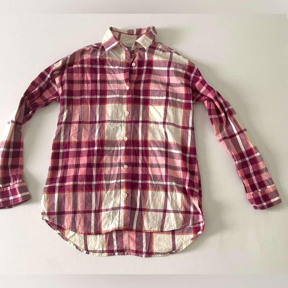Old Navy XS Pink White Flannel Plaid Button Boyfriend Shirt